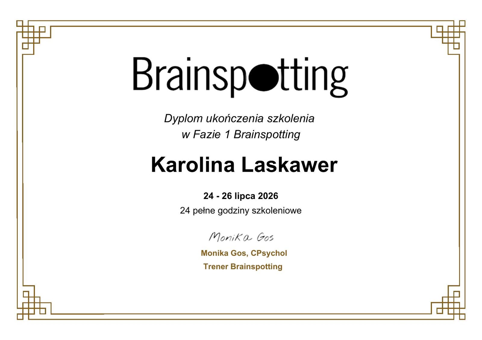 Certyfikat Brainspotting Karoliny Łaskawer