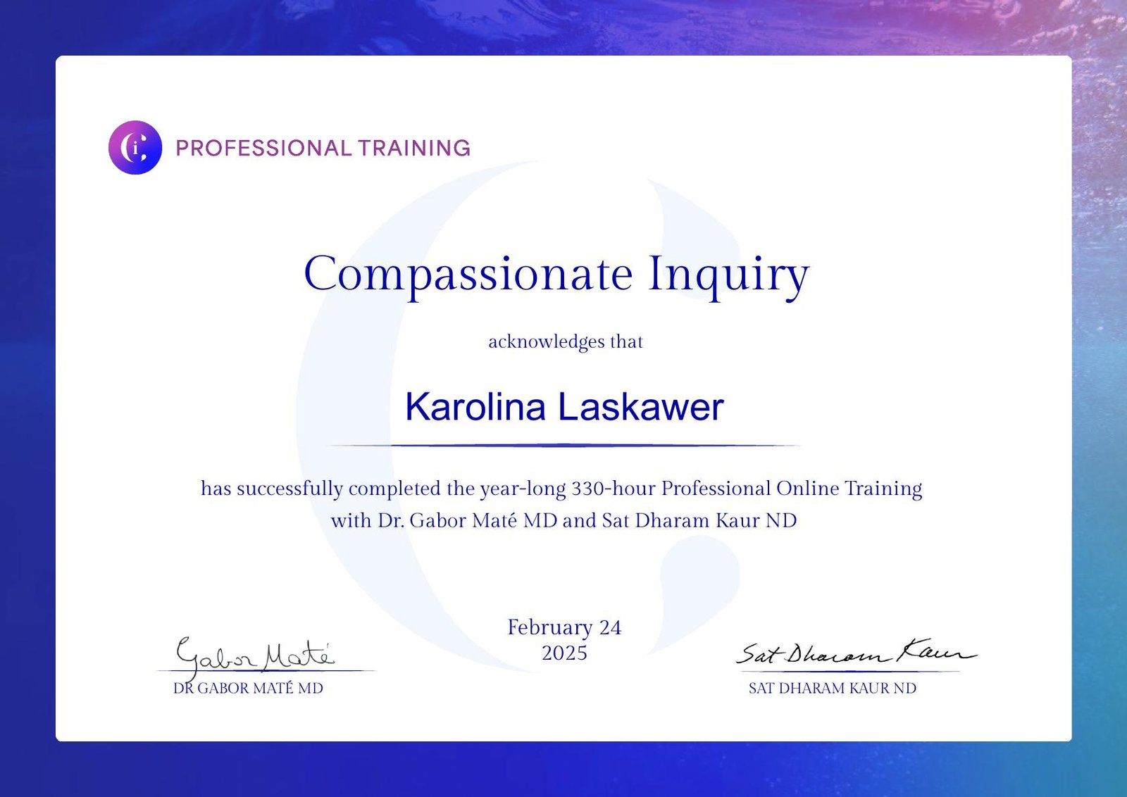 Certyfikat Compassionate Inquiry Karoliny Łaskawer